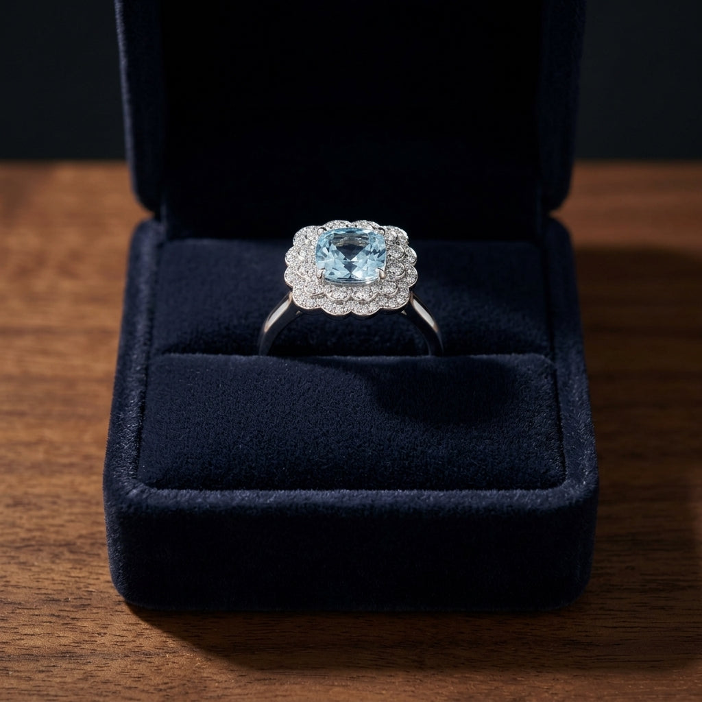 Created Emerald & Diamond Cushion Lace Ring 3/8ctw in 14K Yellow Gold - presentation