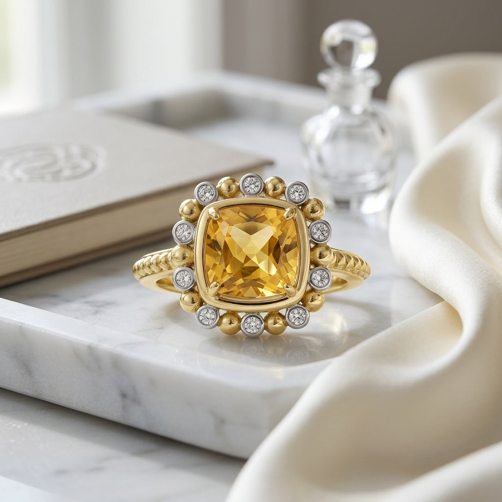 2.19ct Cushion Cut Citrine & Diamond Ring in 14K Yellow Gold - editorial hero