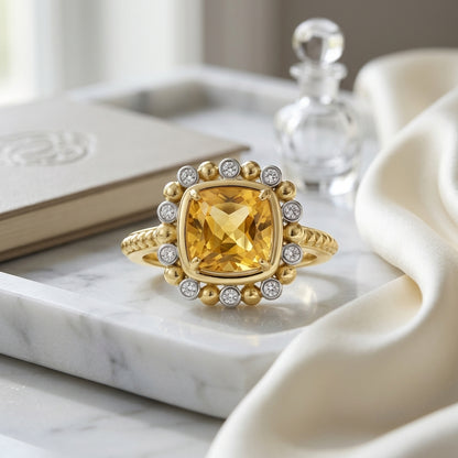 2.19ct Cushion Cut Citrine & Diamond Ring in 14K Yellow Gold - editorial hero