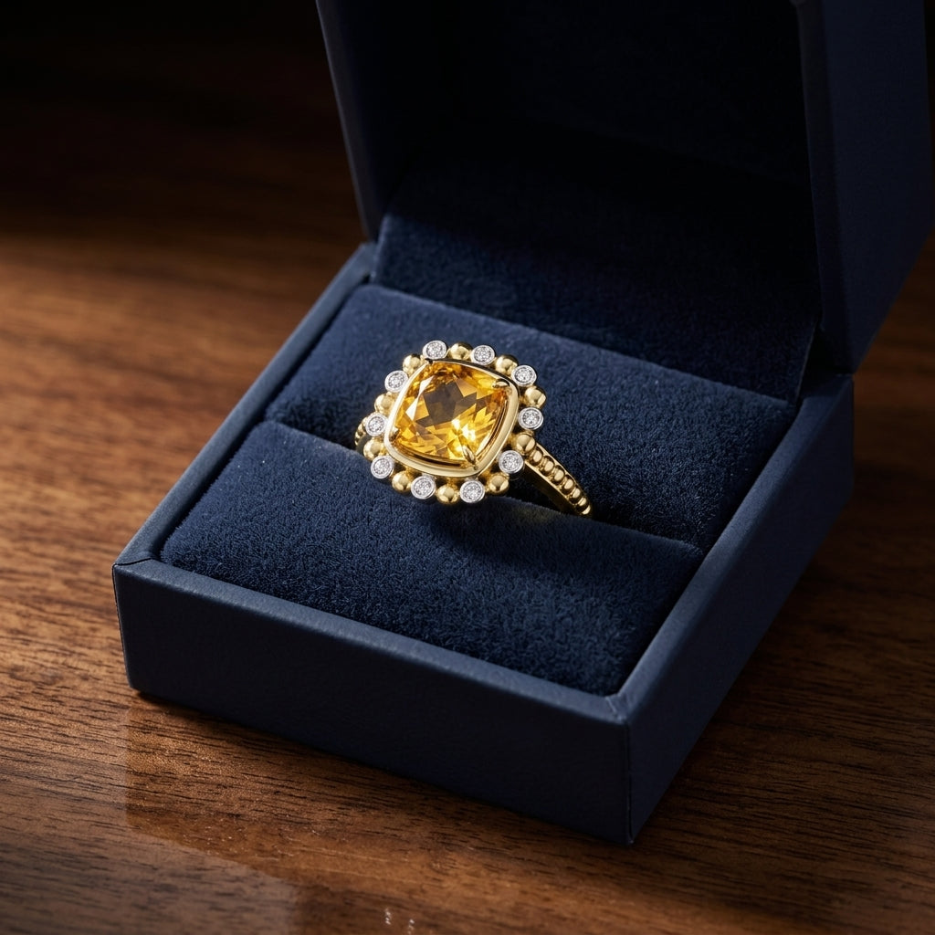 2.19ct Cushion Cut Citrine & Diamond Ring in 14K Yellow Gold - presentation