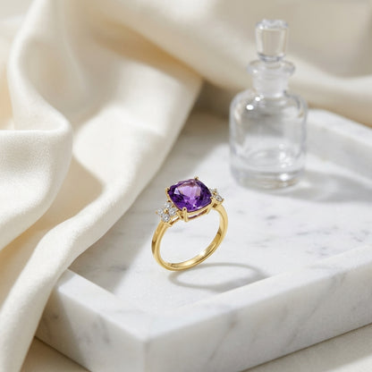 Cushion Cut Amethyst with Diamond Ring in 14K Yellow Gold - lifestyle