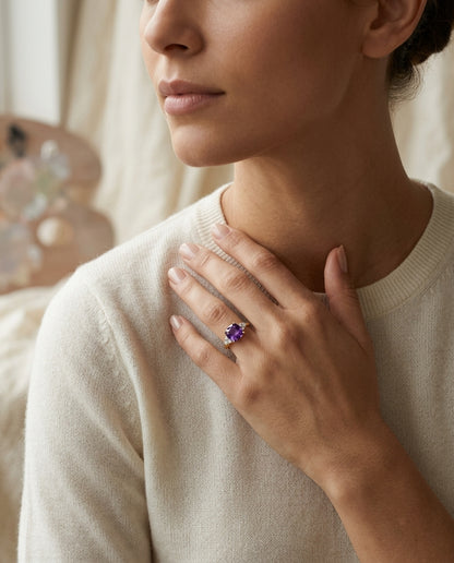 Cushion Cut Amethyst with Diamond Ring in 14K Yellow Gold - editorial hero