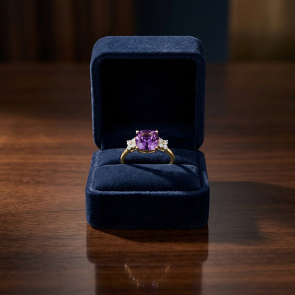 Cushion Cut Amethyst with Diamond Ring in 14K Yellow Gold - presentation