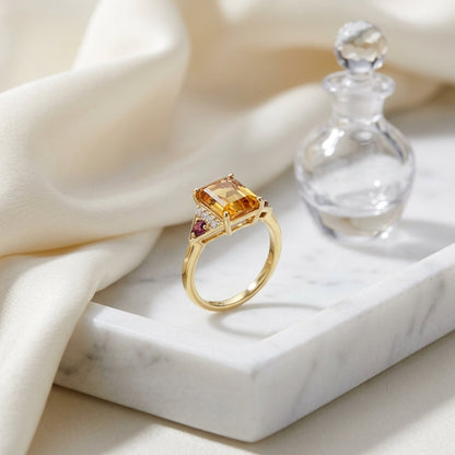 Citrine Rhodolite Garnet & Diamond Ring in 14K Yellow Gold - editorial hero