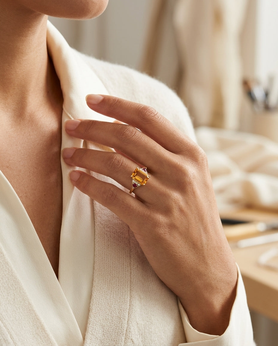 Citrine Rhodolite Garnet & Diamond Ring in 14K Yellow Gold - lifestyle