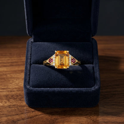 Citrine Rhodolite Garnet & Diamond Ring in 14K Yellow Gold - presentation