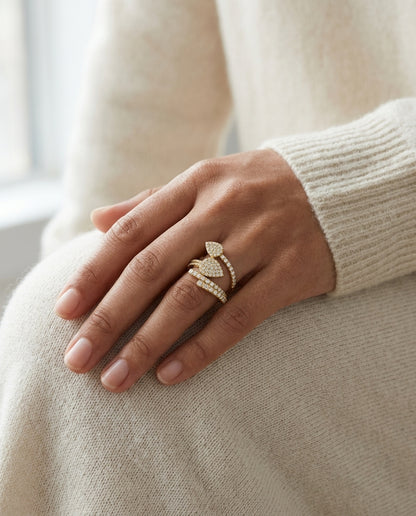 Diamond Leaf Spiral Ring in 14k Yellow Gold 3/4ctw — editorial close-up