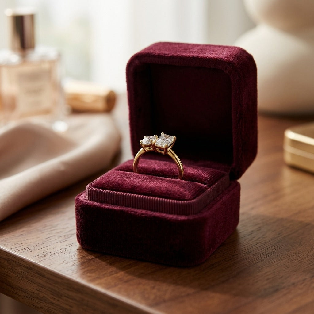 14k Yellow Gold Round and Emerald Cut Diamond Ring — velvet box