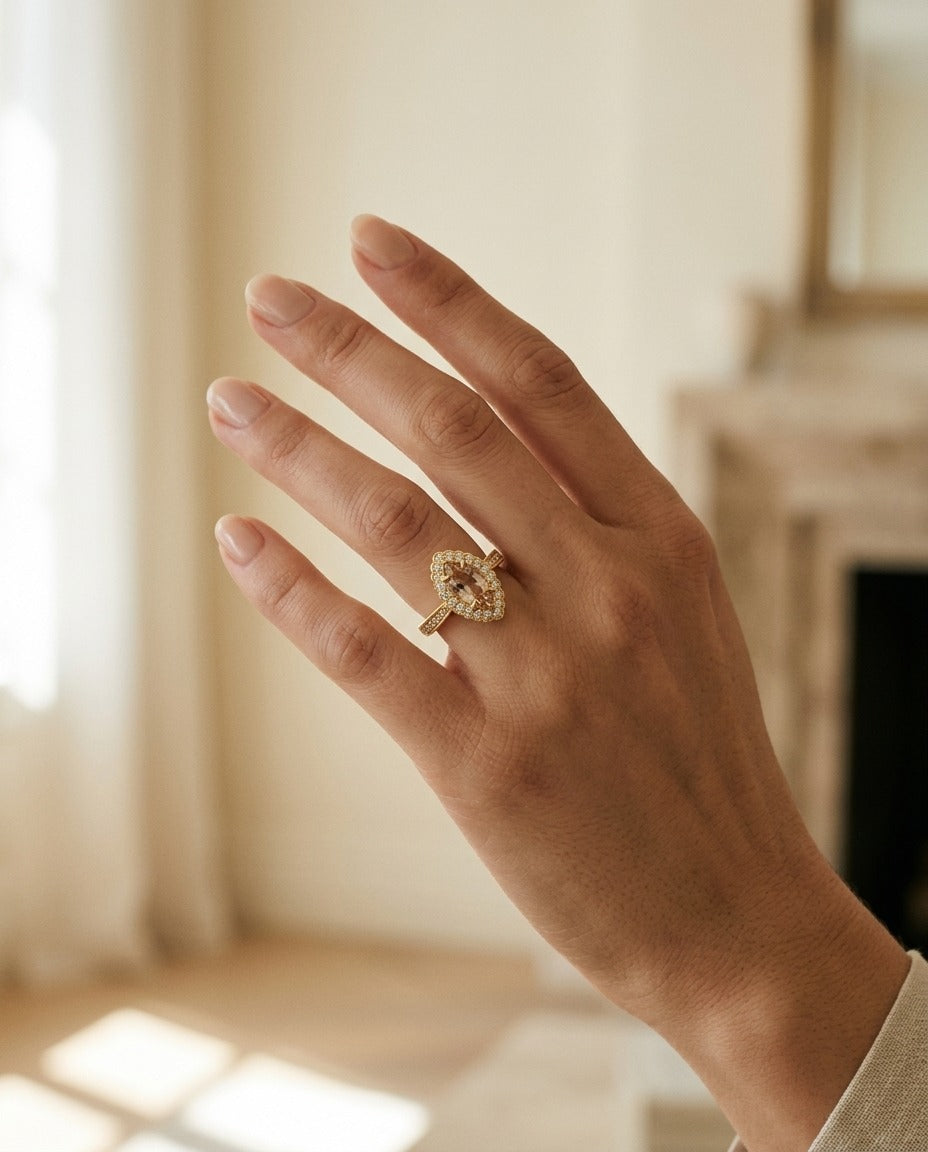 Morganite Marquise Halo Ring 14k Yellow Gold 1/4ctw — portrait close