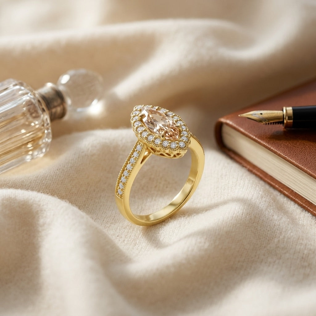 Morganite Marquise Halo Ring 14k Yellow Gold 1/4ctw — textile flat lay