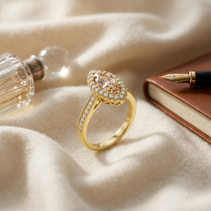 Morganite Marquise Halo Ring 14k Yellow Gold 1/4ctw — textile flat lay