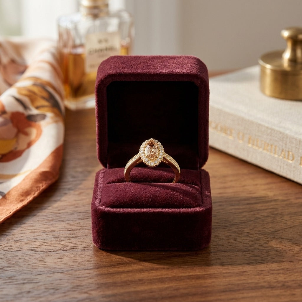 Morganite Marquise Halo Ring 14k Yellow Gold 1/4ctw — velvet box