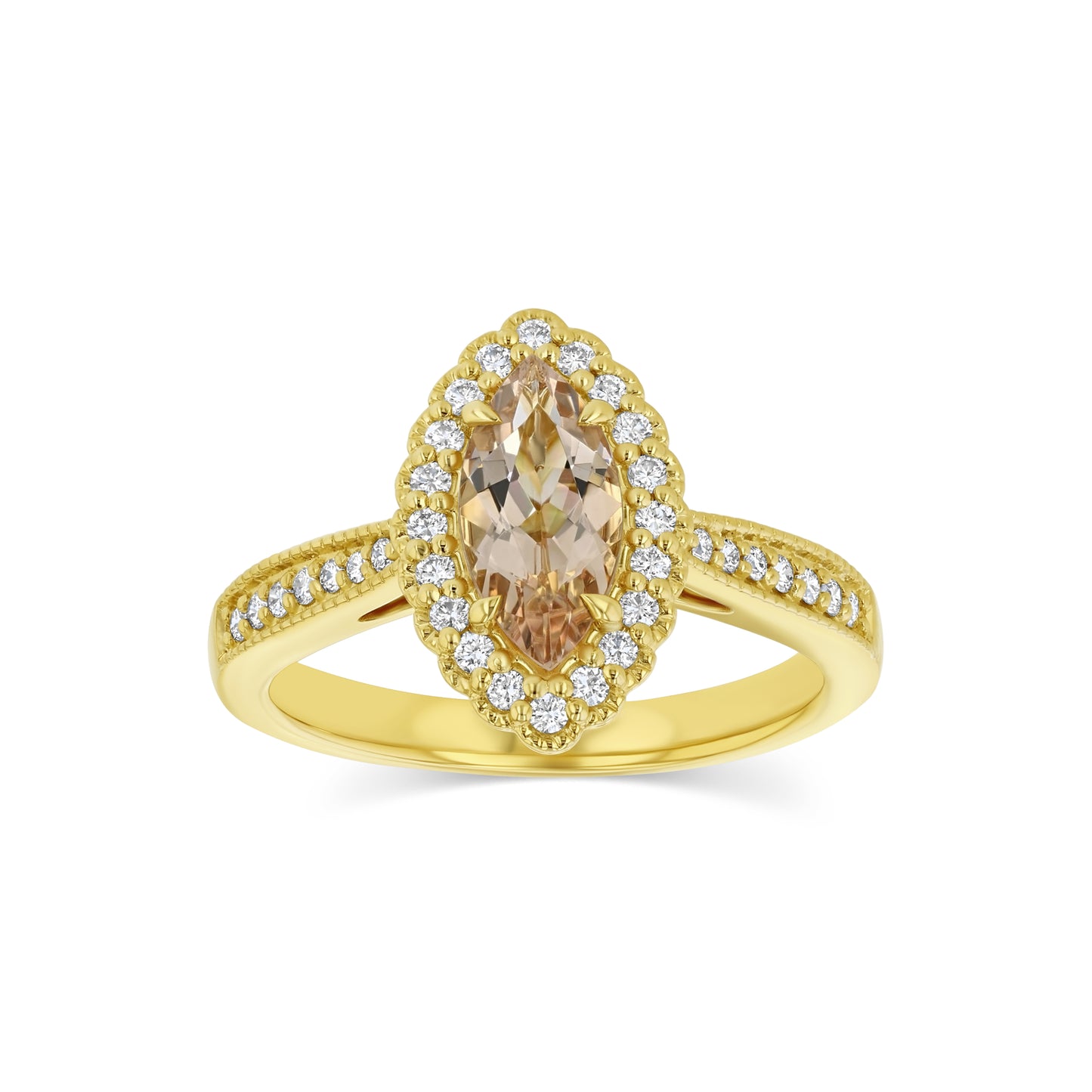 Morganite Marquise Halo Ring 14k Yellow Gold 1/4ctw
