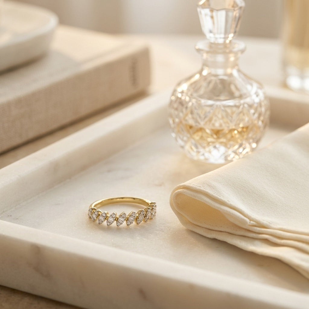 Diamond Tilted Leaf Band Ring in 14k Yellow Gold 1/3ctw — marble silk