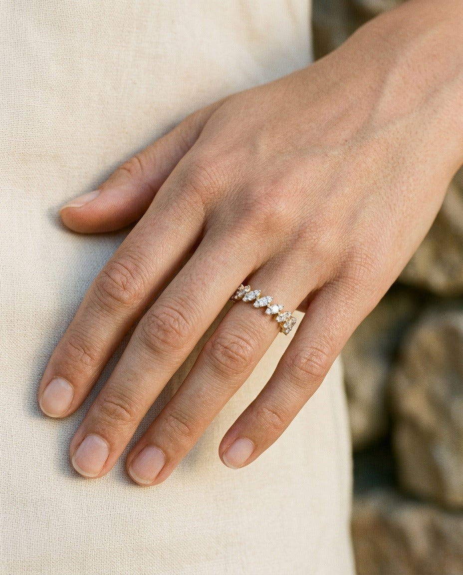 Diamond Tilted Leaf Band Ring in 14k Yellow Gold 1/3ctw — portrait close