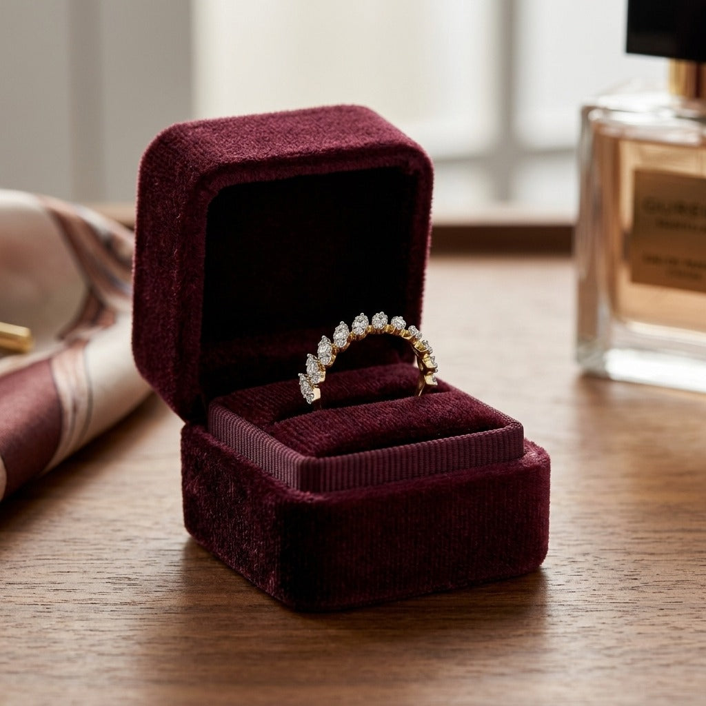 Diamond Tilted Leaf Band Ring in 14k Yellow Gold 1/3ctw — velvet box