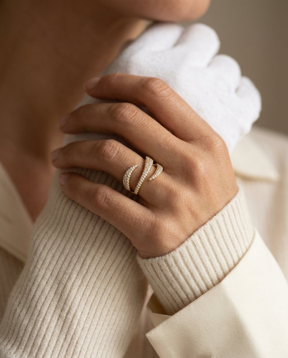 Diamond Swirl Spiral Wrap Ring in 14k Yellow Gold 1/2ctw — editorial close-up