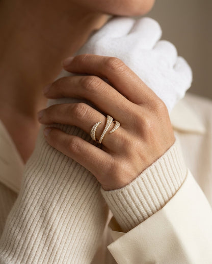 Diamond Swirl Spiral Wrap Ring in 14k Yellow Gold 1/2ctw — editorial close-up