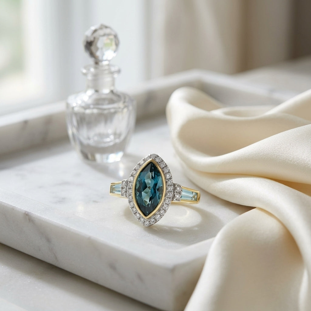 Marquise Baguette Blue Topaz and Diamond Ring in 14k Yellow Gold 1/4ctw — atelier still life