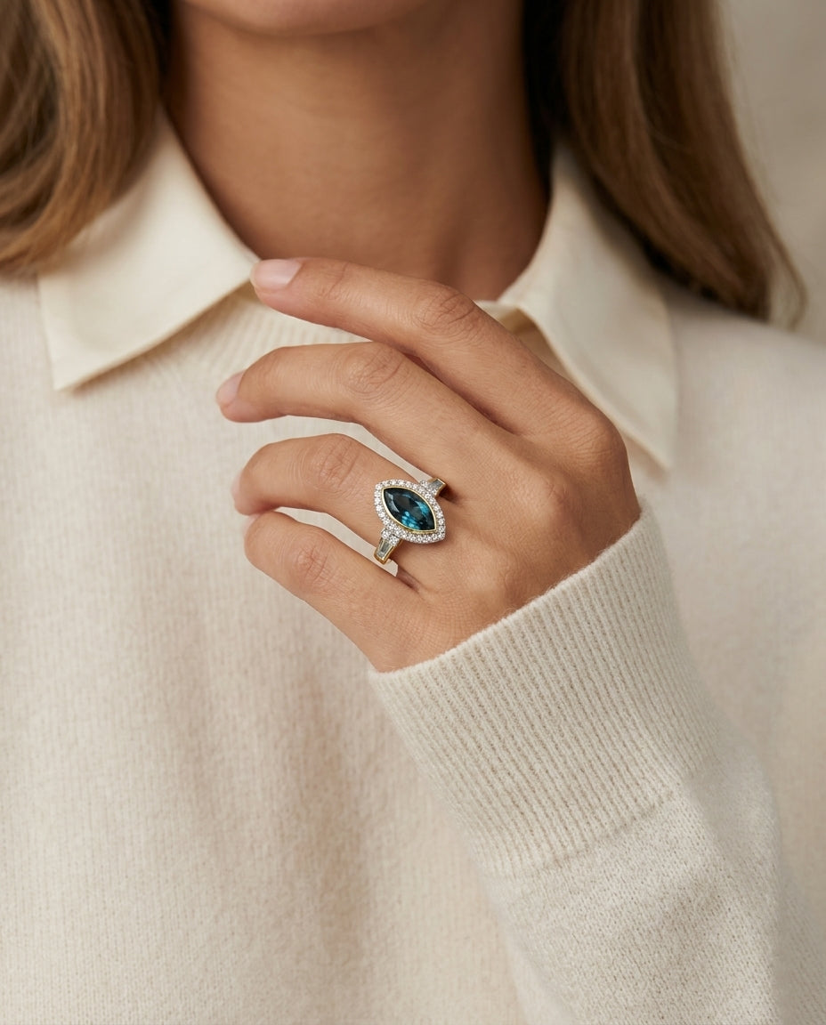 Marquise Baguette Blue Topaz and Diamond Ring in 14k Yellow Gold 1/4ctw — editorial close-up