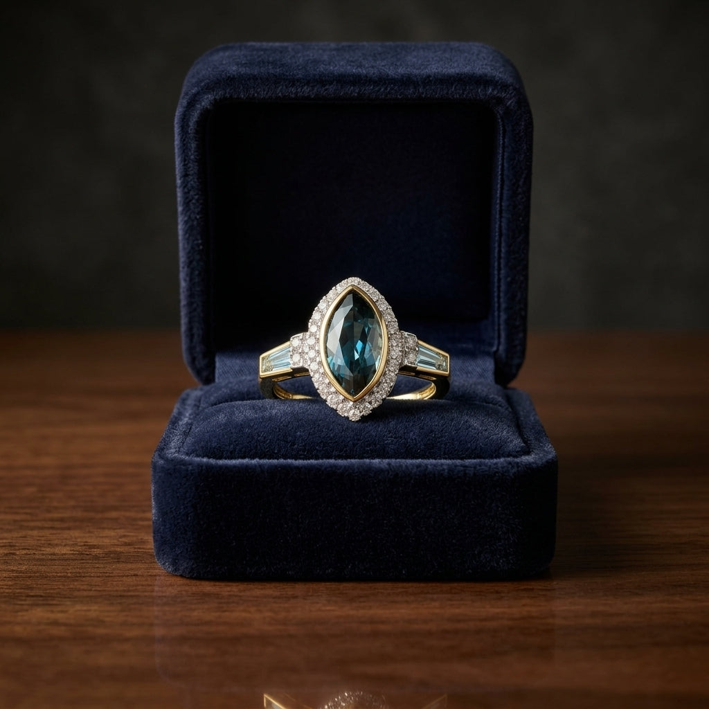 Marquise Baguette Blue Topaz and Diamond Ring in 14k Yellow Gold 1/4ctw — gift presentation
