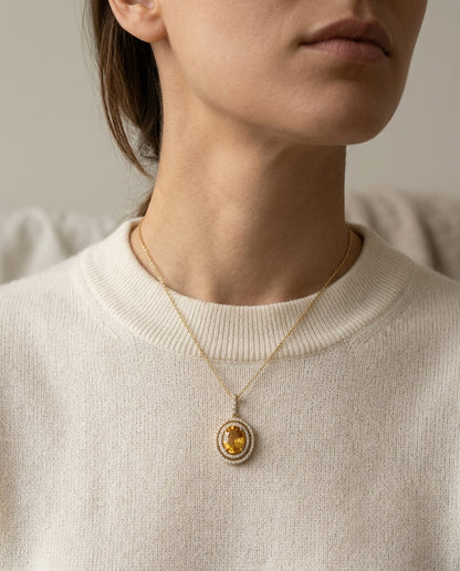 Citrine And Diamond Double Entourage Oval Pendant In 14k White Gold (9x7mm Center, Si) — editorial close-up