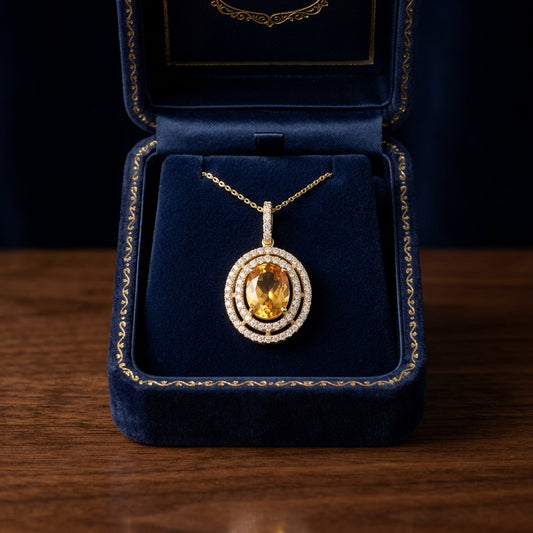 Citrine And Diamond Double Entourage Oval Pendant In 14k White Gold (9x7mm Center, Si) — gift presentation