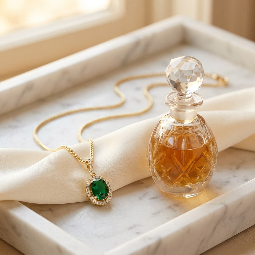 Emerald And Diamond Oval Halo Pendant With Pave Bail In 14k Yellow Gold (9x7mm) — marble silk