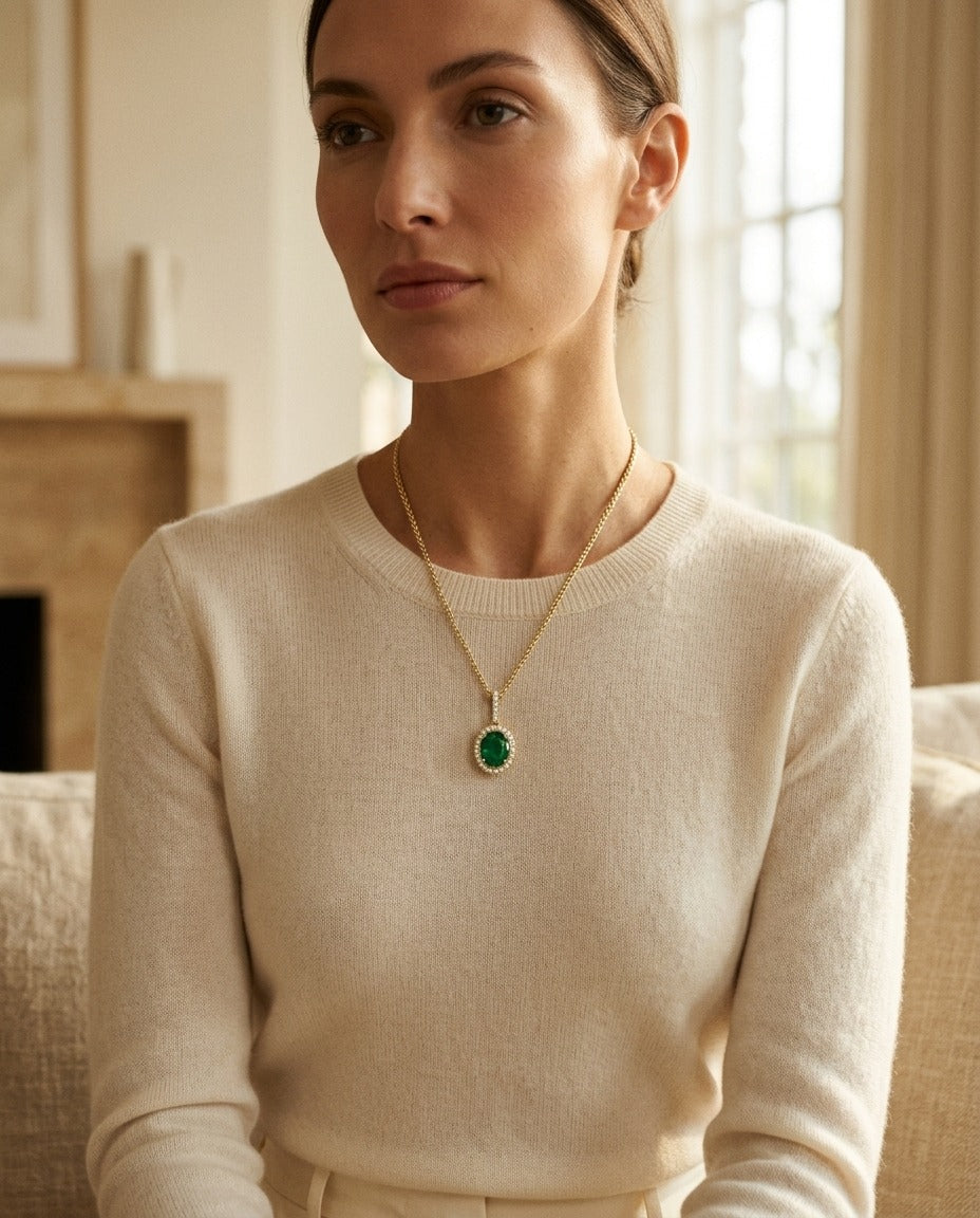 Emerald And Diamond Oval Halo Pendant With Pave Bail In 14k Yellow Gold (9x7mm) — portrait close