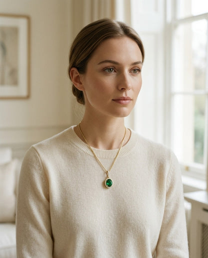 Emerald And Diamond Oval Halo Pendant With Pave Bail In 14k Yellow Gold (9x7mm) — portrait full