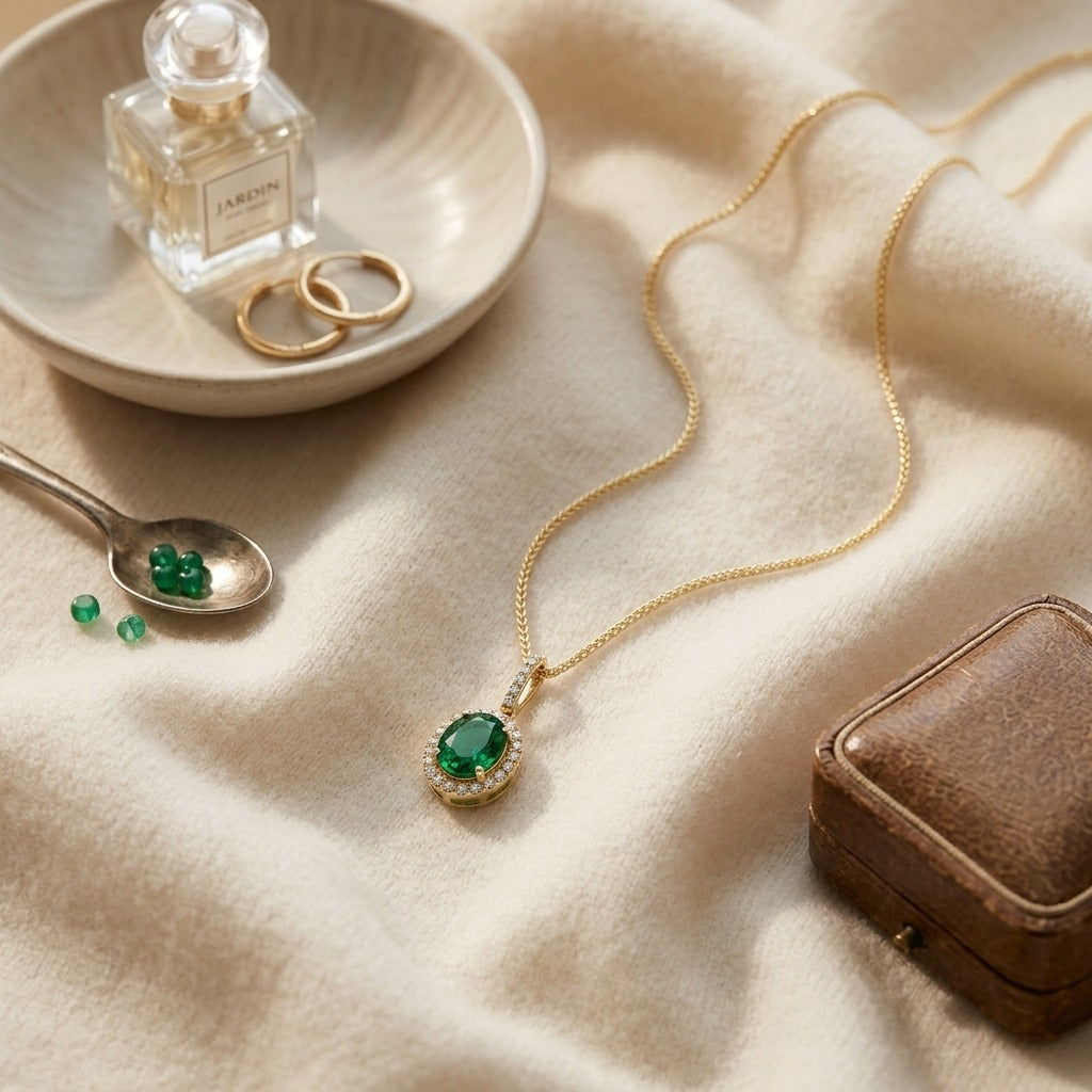 Emerald And Diamond Oval Halo Pendant With Pave Bail In 14k Yellow Gold (9x7mm) — textile flat lay