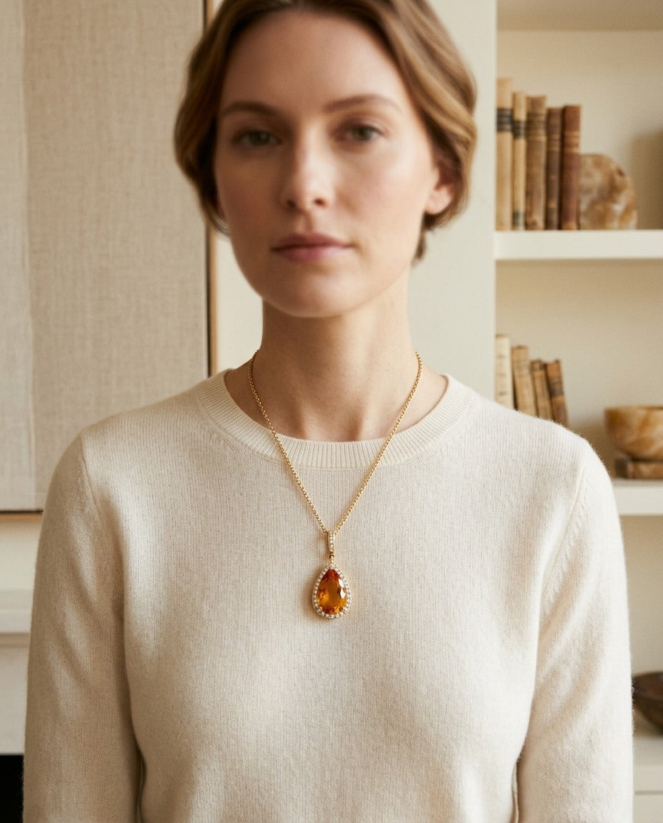 Citrine Pear And Diamond Halo Pendant In 14k Yellow Gold (1/2 Ct. Tw.) — portrait close