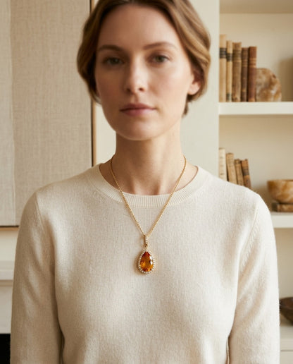 Citrine Pear And Diamond Halo Pendant In 14k Yellow Gold (1/2 Ct. Tw.) — portrait close