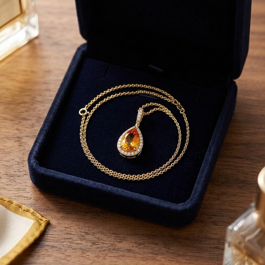 Citrine Pear And Diamond Halo Pendant In 14k Yellow Gold (1/2 Ct. Tw.) — velvet box