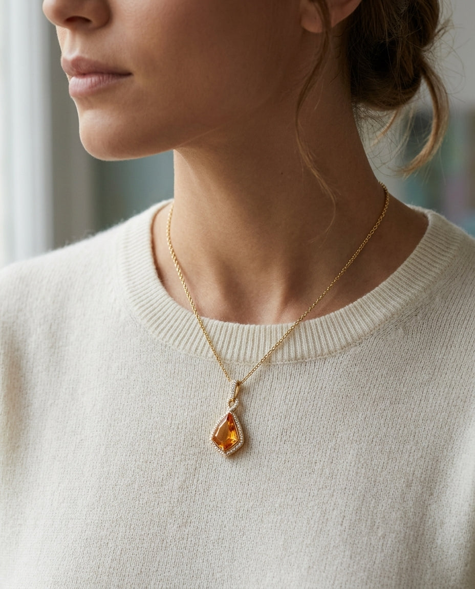 Kite Shape Citrine And Diamond Pendant In 14k Yellow Gold (15x10mm) — editorial close-up