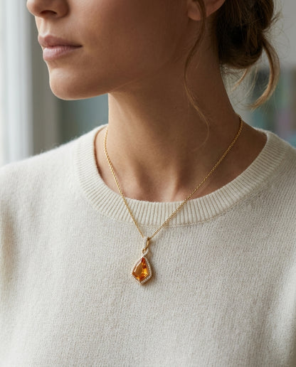 Kite Shape Citrine And Diamond Pendant In 14k Yellow Gold (15x10mm) — editorial close-up