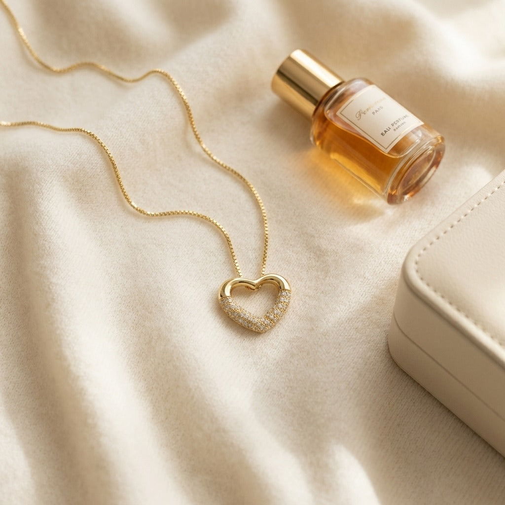 Diamond Open Heart Pendant In 14k Yellow Gold 1/5 Ctw — textile flat lay