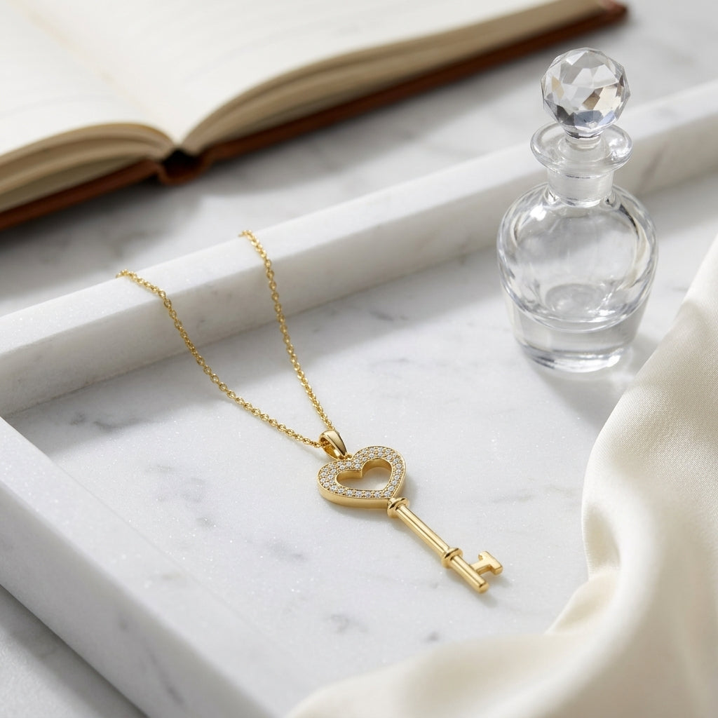 Diamond Heart Key Pendant In 14k Yellow Gold (1/6 Ct.tw) — atelier still life