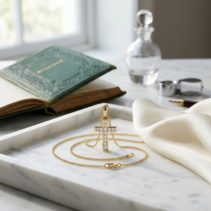 Diamond Channel Cross Pendant 16-18in Adj Cable Chain in 14K Yellow Gold - lifestyle