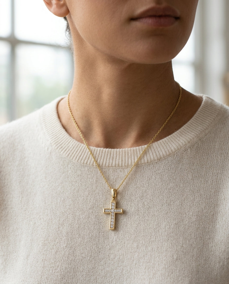 Diamond Channel Cross Pendant 16-18in Adj Cable Chain in 14K Yellow Gold - editorial hero