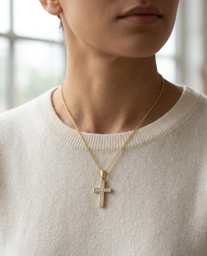 Diamond Channel Cross Pendant 16-18in Adj Cable Chain in 14K Yellow Gold - editorial hero