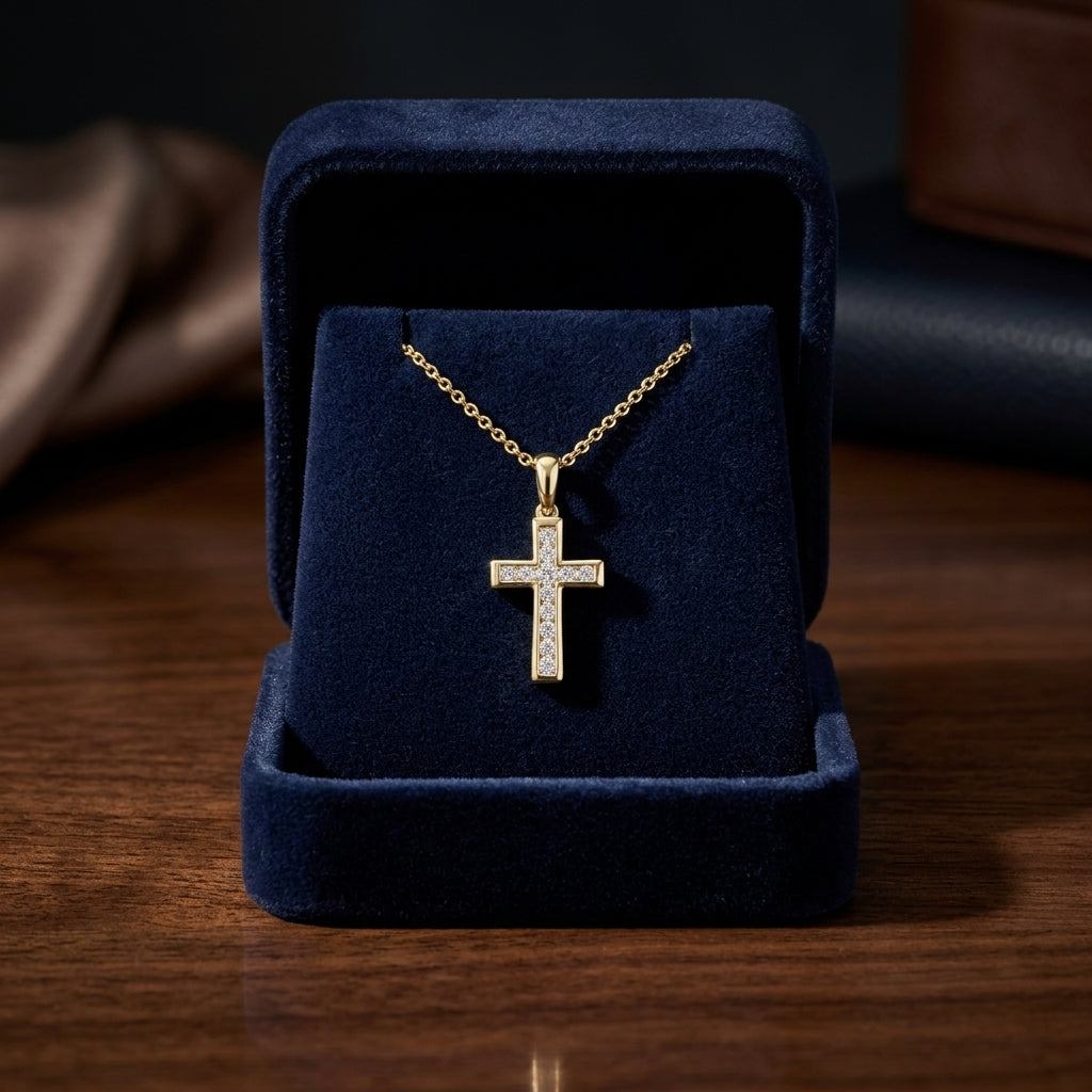 Diamond Channel Cross Pendant 16-18in Adj Cable Chain in 14K Yellow Gold - presentation