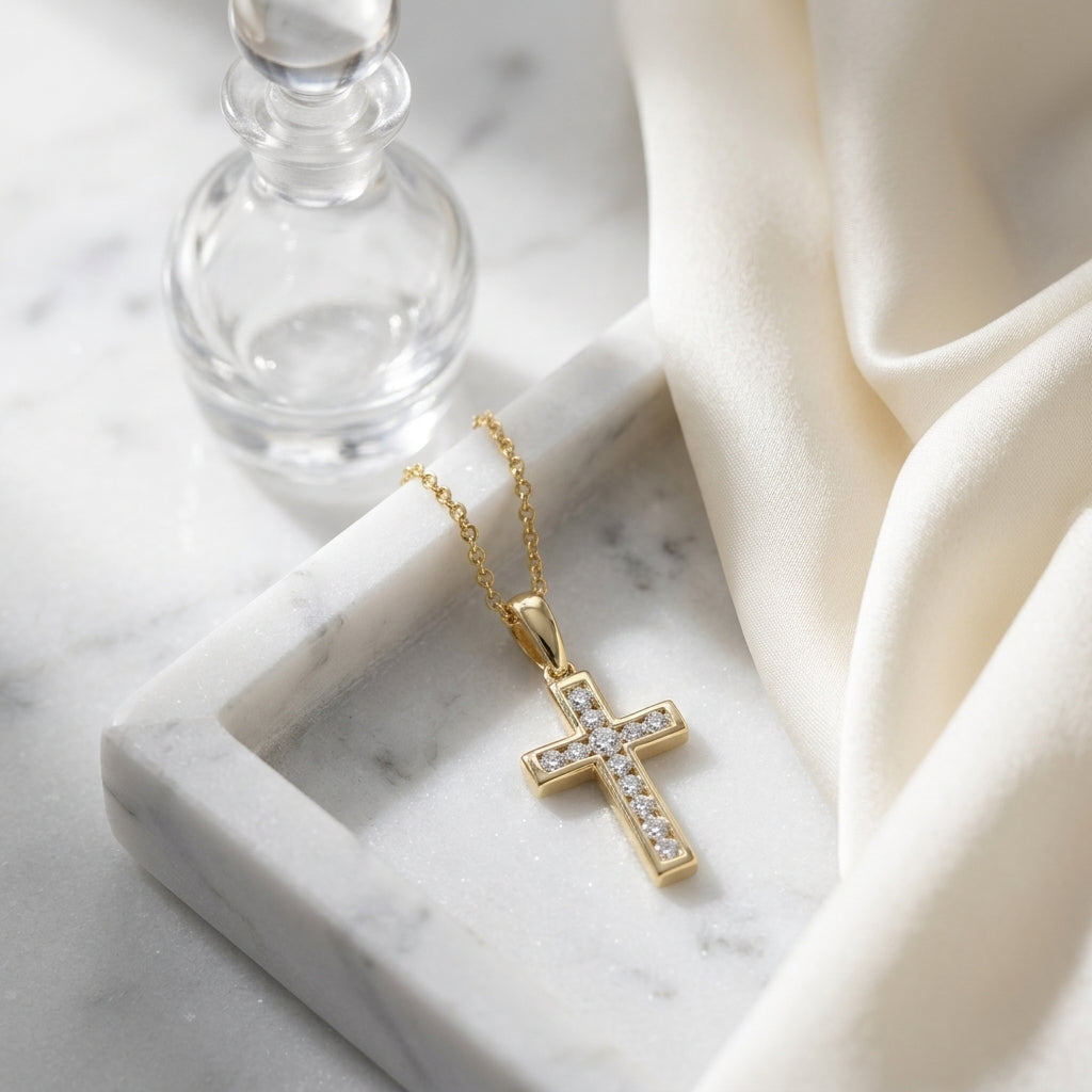 Diamond Channel-set Petite Cross Pendant In 14k Yellow Gold — atelier still life