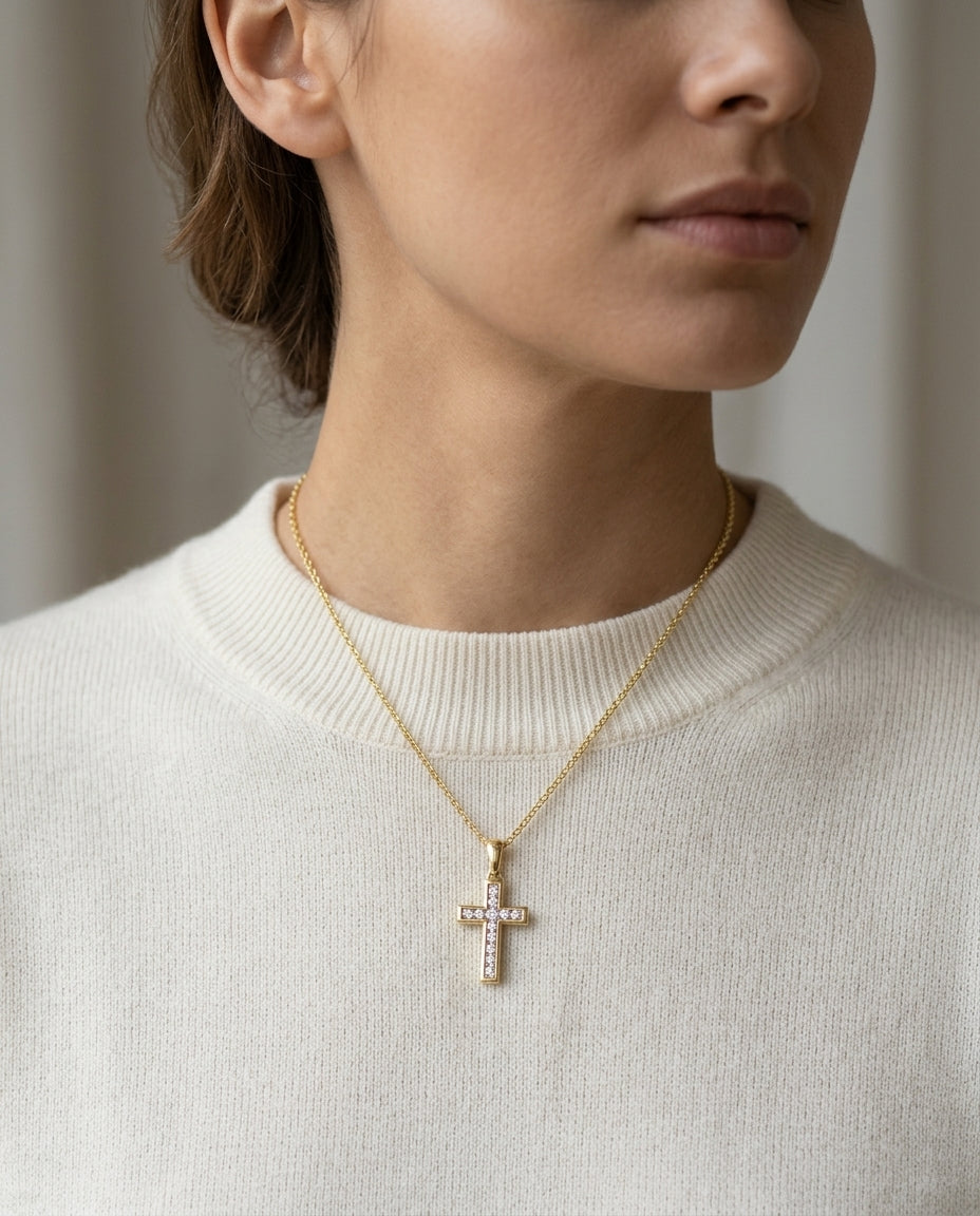 Diamond Channel-set Petite Cross Pendant In 14k Yellow Gold — editorial close-up