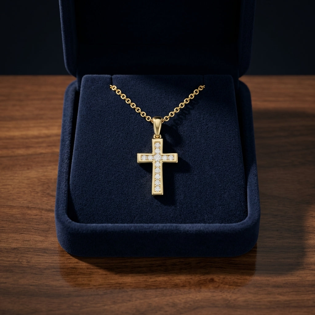 Diamond Channel-set Petite Cross Pendant In 14k Yellow Gold — gift presentation