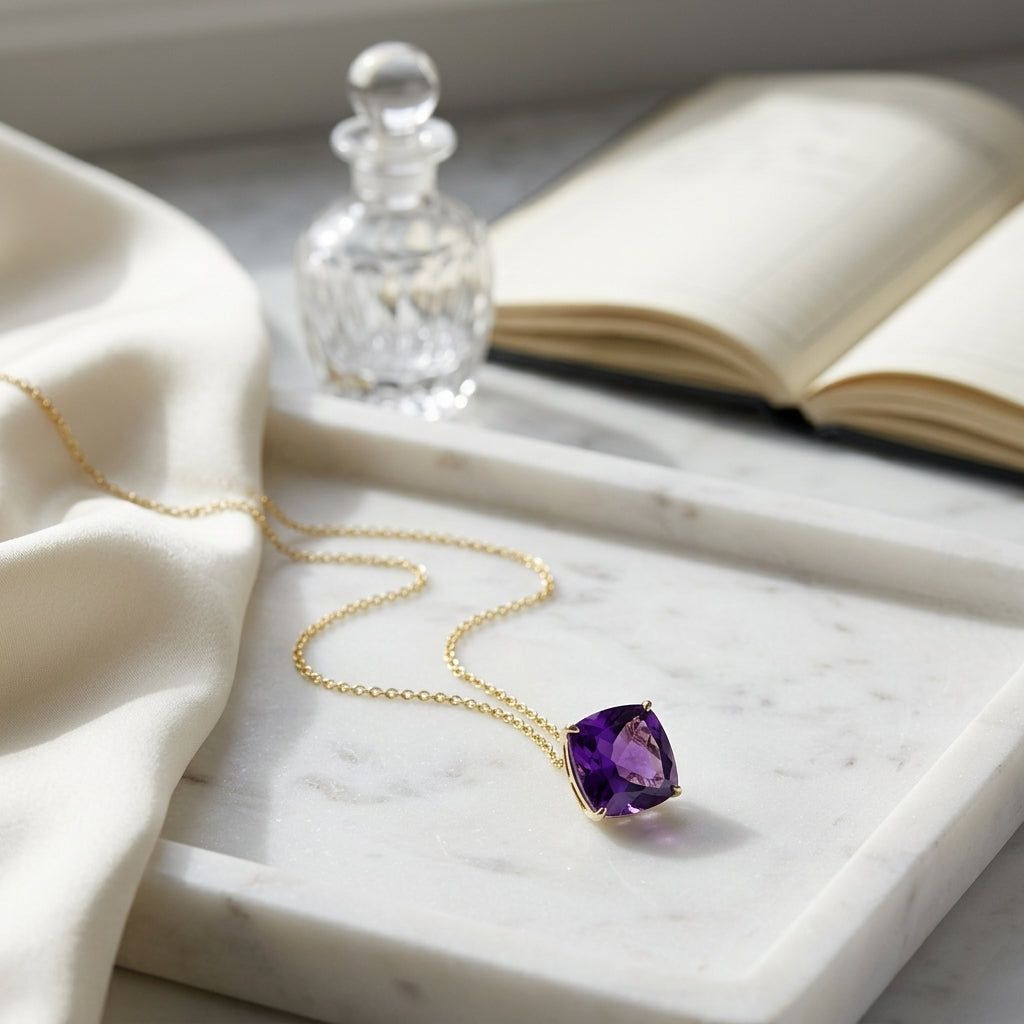 Amethyst Cushion Solitaire Pendant In 14k Yellow Gold (10mm) — atelier still life