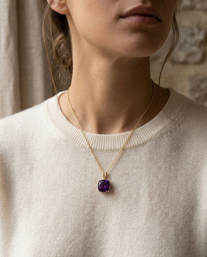 Amethyst Cushion Solitaire Pendant In 14k Yellow Gold (10mm) — editorial close-up