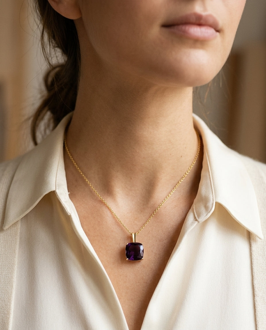 14ky Rhodolite Garnet Pendant — editorial close-up