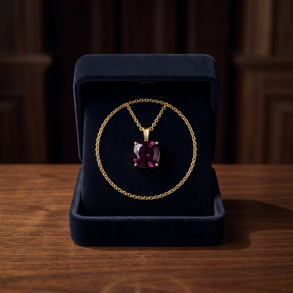 14ky Rhodolite Garnet Pendant — gift presentation
