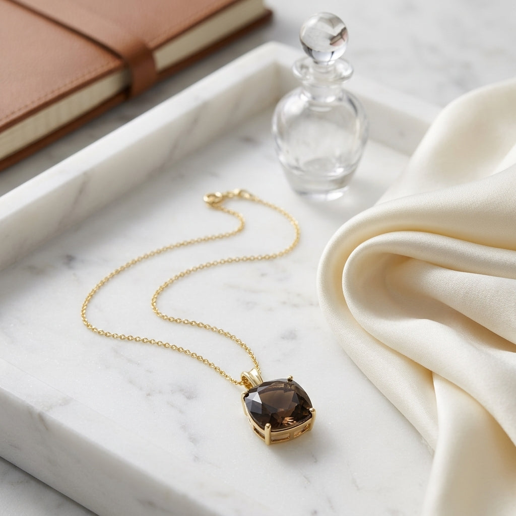 Cushion Cut 10mm Smokey Quartz Pendant In 14k Yellow Gold — atelier still life